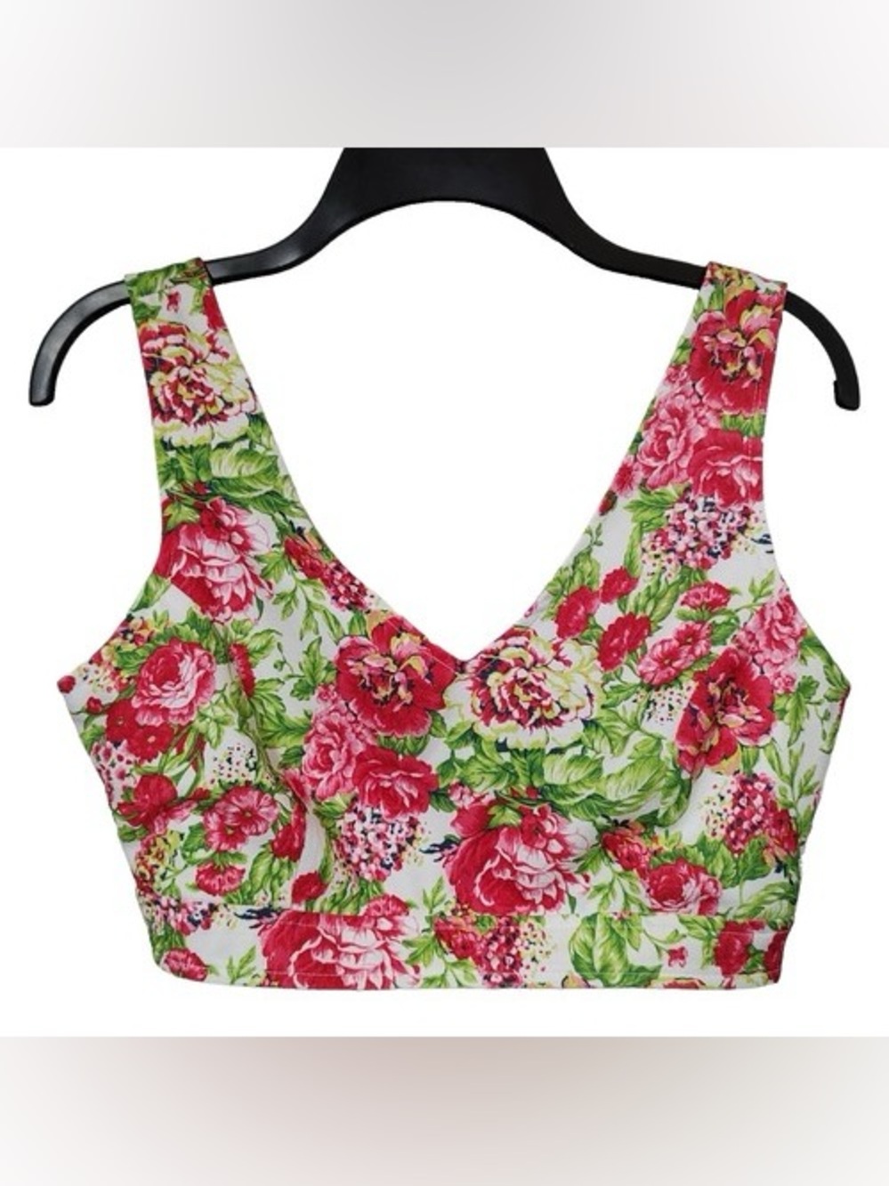 Forever 21 White Floral V-Neck Crop Tank with Pink & Green Flowers